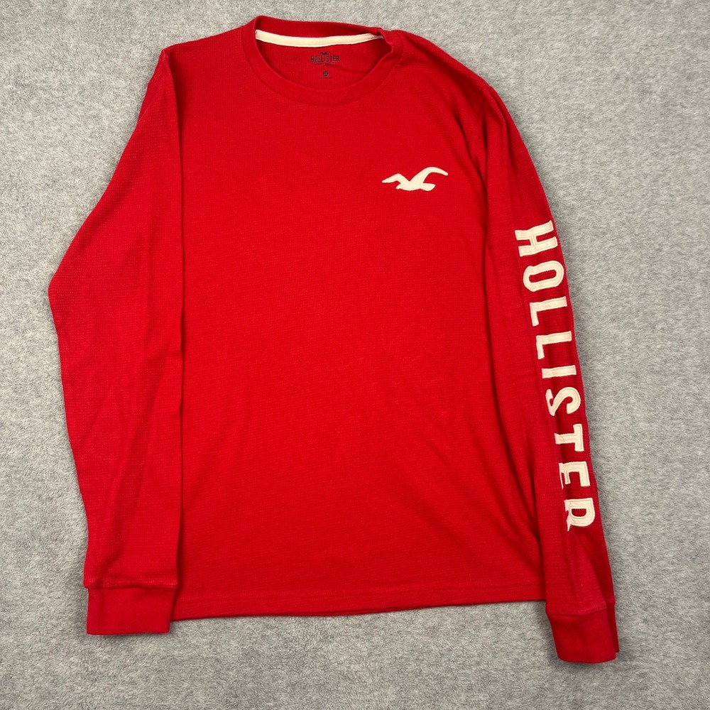 Hollister Thermal Shirt Mens Medium Red Long Sleeve Waffle Knit Logo Graphic